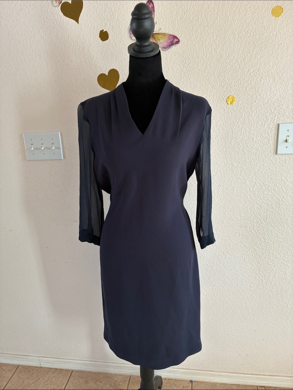 Elie Tahari Navy Sheer‑Sleeve Dress (Size M)